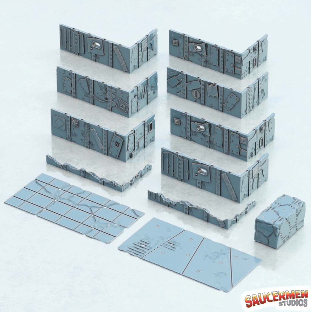 Set of modular game board pieces with textured surface on a white background, featuring 'Saucermen Studios' branding.