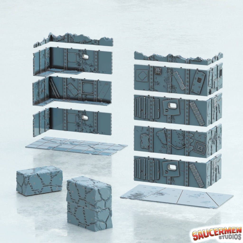Set of modular game terrain pieces by Saucermen Studios on a light gray background