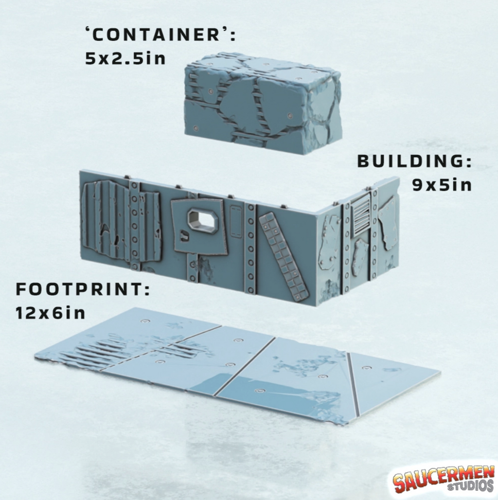 Set of building components with dimensions and 'Saucermen Studios' branding on a light gray background.