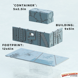 Set of building components with dimensions and 'Saucermen Studios' branding on a light gray background.