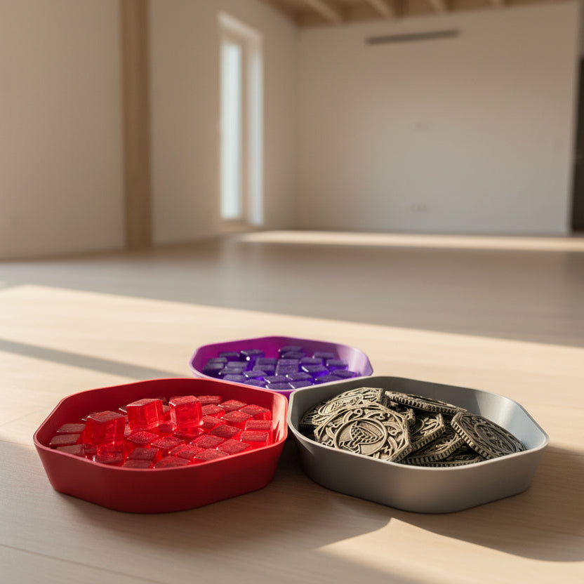 Decorative items including silver coins and colorful geometric containers on a white surface.