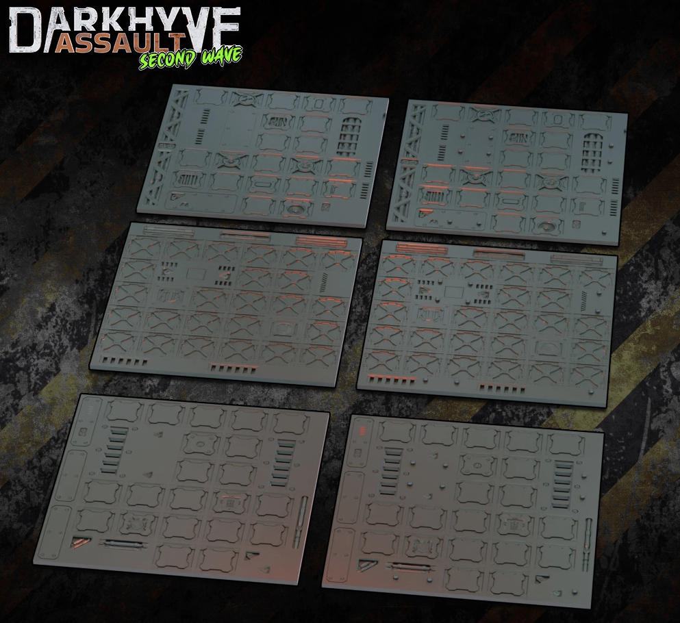 Set of model building sheets with 'Darkhvyf Assault' branding on a dark surface.