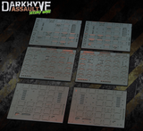 Set of model building sheets with 'Darkhvyf Assault' branding on a dark surface.