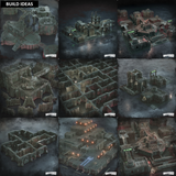 Collage of various map designs for a game, featuring detailed environments and structures.