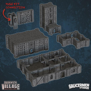 DarkMyth Village Core Set – Modular Fantasy Terrain for Wargaming & RPGs, Over 90 Components, Customizable Towns, Castles, Battlefields